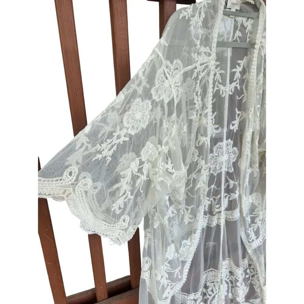 Boho Ivory Embroidered Mesh Lace Kimono Duster Sheer Festival Cardigan L